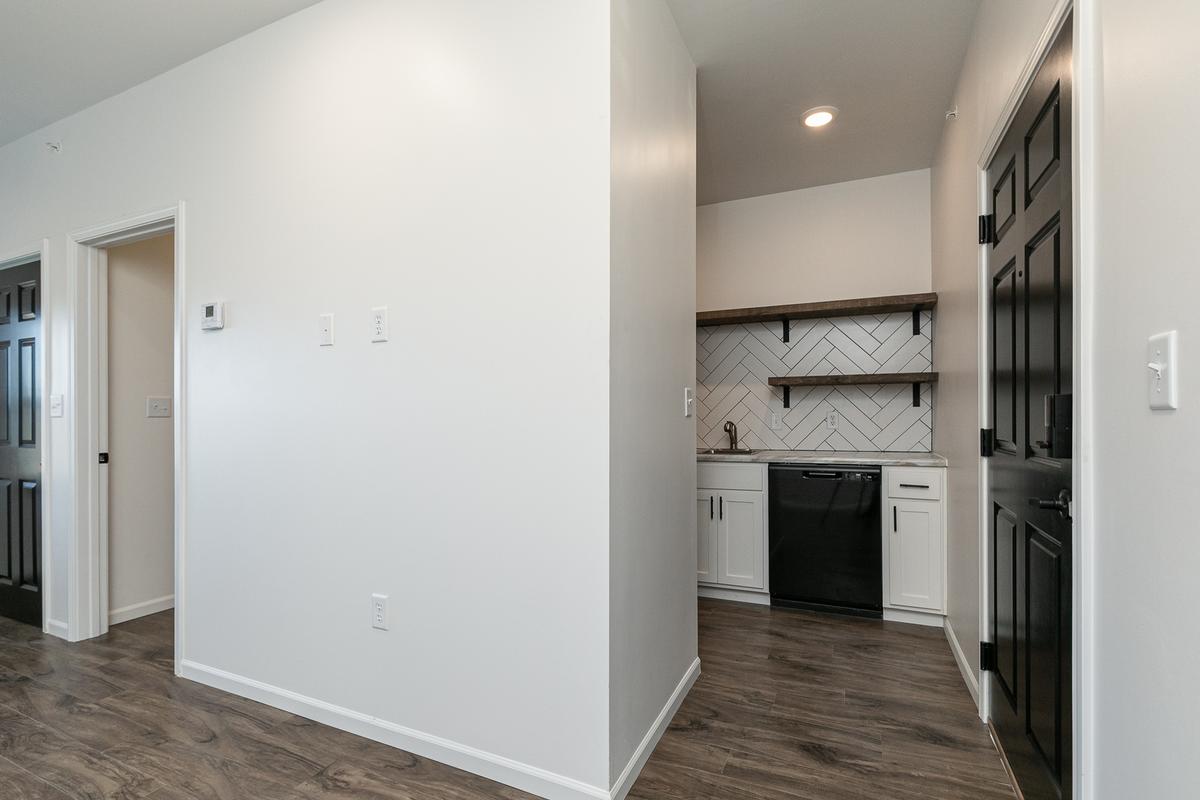 Vacant hallway to the kitchen, black doors